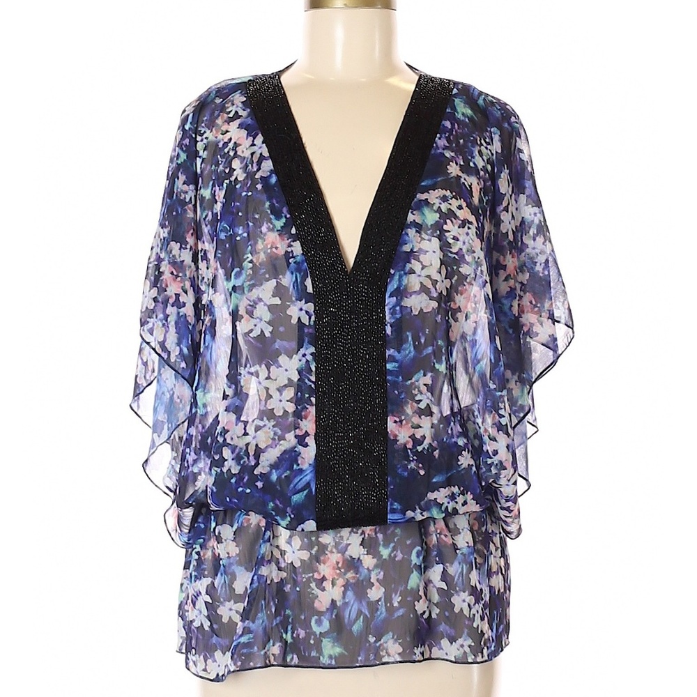 Badgley Mischka Y2K Designer Charming Airy Blue Floral Blouse w/ Sequin V-Neck